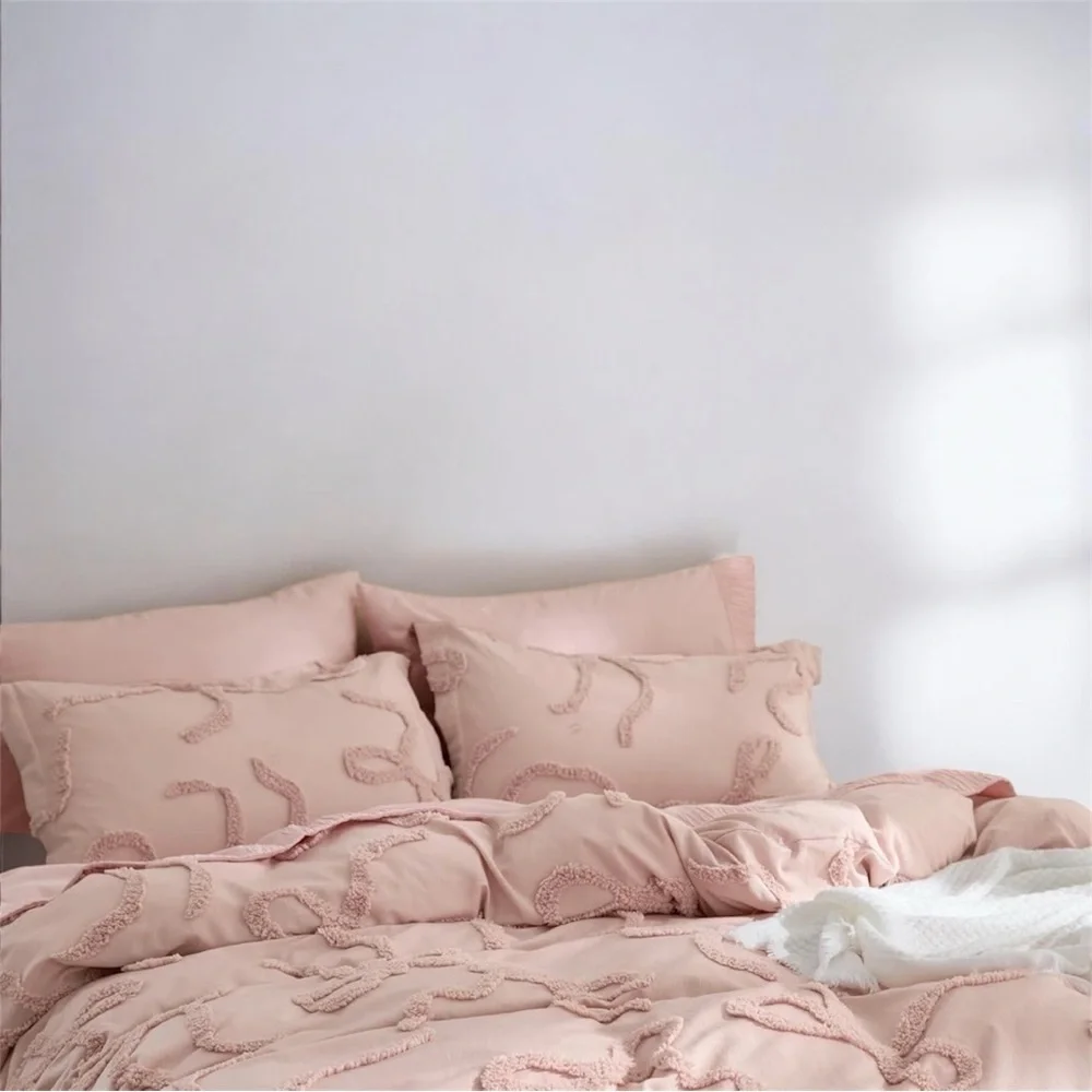 NEW Anthro Rose Pink Tufted Bow Boho Queen / King Size Bedding Duvet & Sham Set